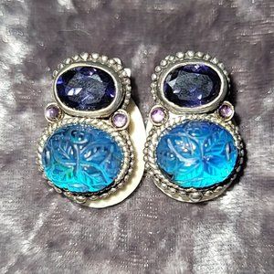 *Rare* Stephen Dweck Vintage Blue Carved Crystal Quartz & Amethyst Earrings